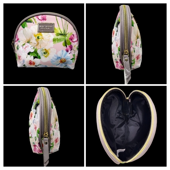 Betsey Johnson 7.5"t Vinyl Zip Gray Pink Floral Cosmetic Pouch Clutch NWOT - Picture 6 of 8
